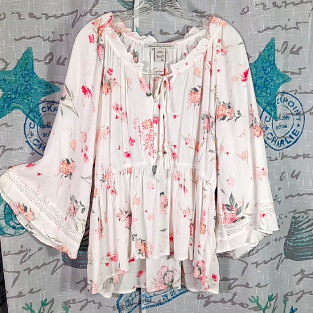 American Rag flowing Bohemian style blouse with button and tie front...XL
